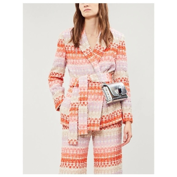 Markarian Rainbow Belted Tweed Blazer Jacket‎ - Orange Pink Cream Striped - Picture 2 of 6